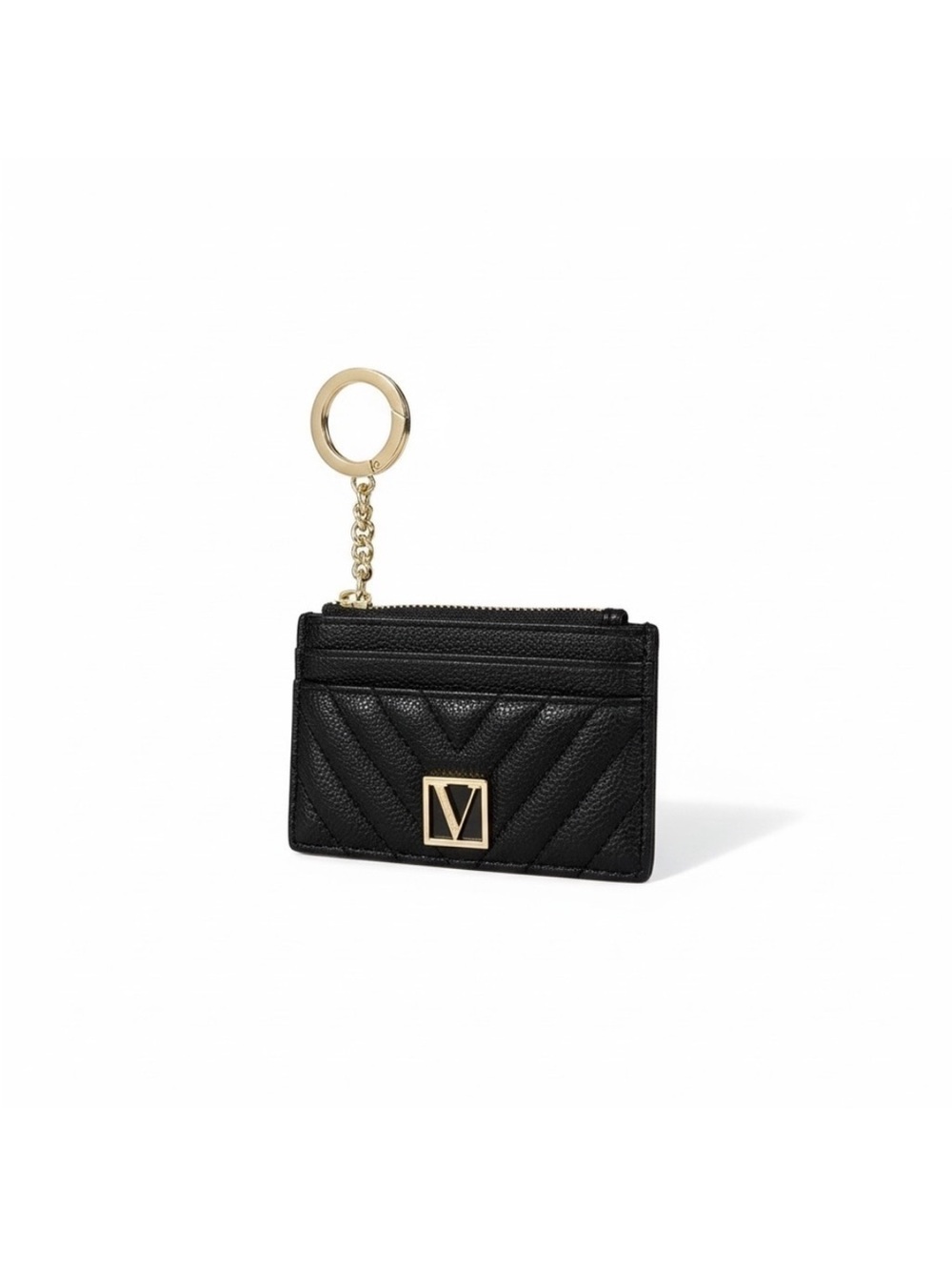 Victoria's Secret Black Quilted Card Holder Keyring with Gold V Logo